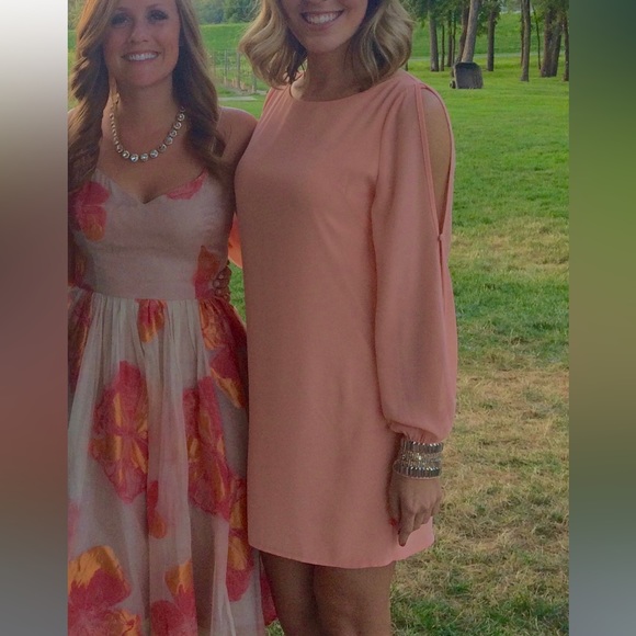 Peach Long Sleeve Mini Cocktail Dress - Picture 1 of 7